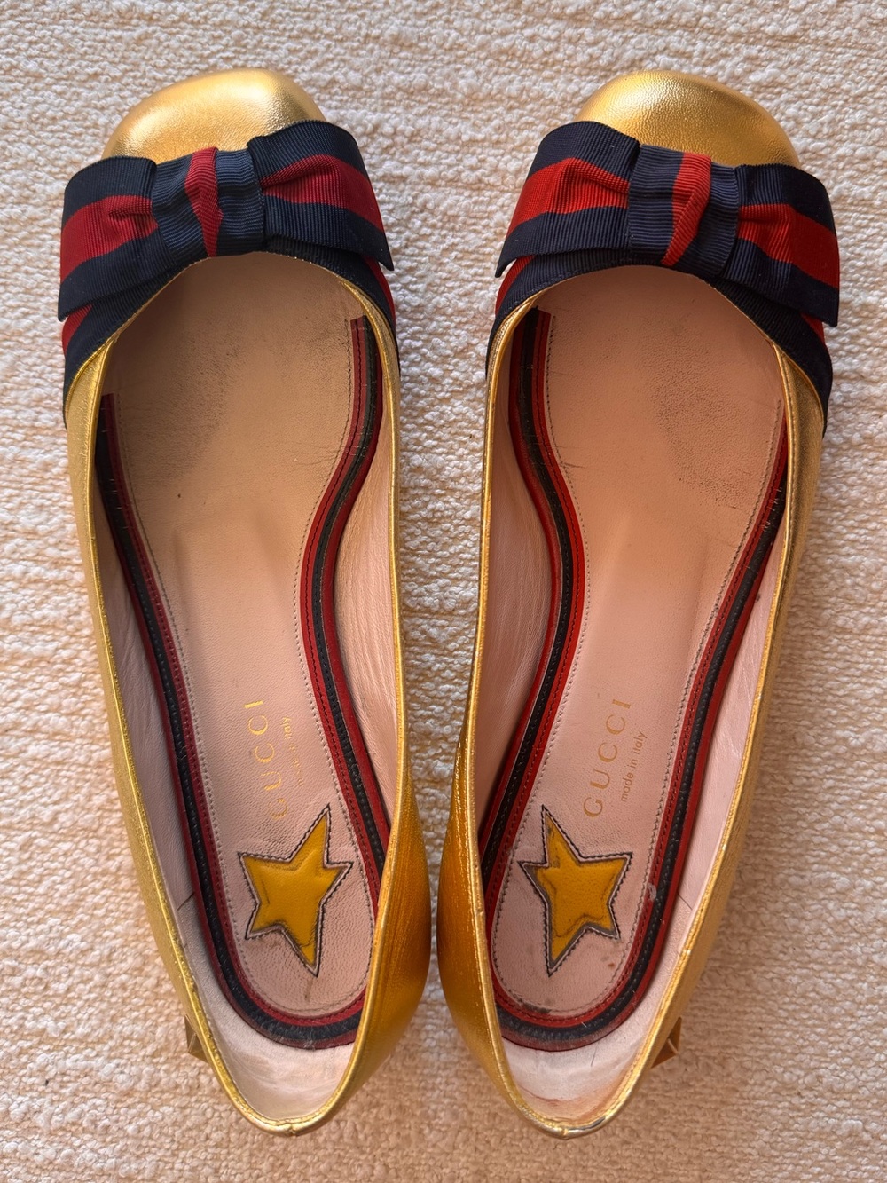 Gucci Sylvie Web Bow Metallic Gold Leather Ballet Flats –Size 37.5 –Box Included - Picture 3 of 8